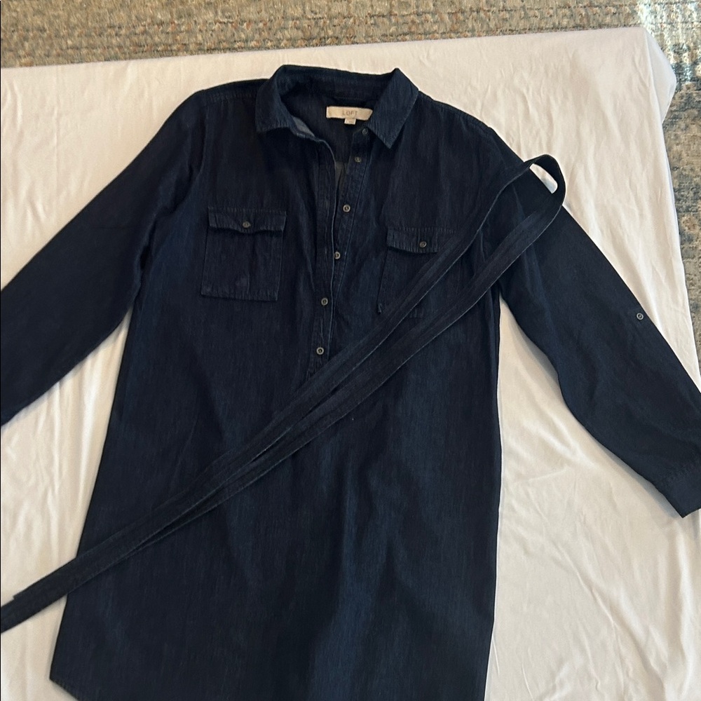 LOFT Women's Dark Blue chambray Long Sleeve Dress